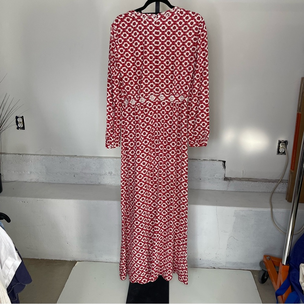 Tory Burch Red Textured Printed Long Sleeve Crystal Embellished Maxi Dress 4 - Picture 8 of 12